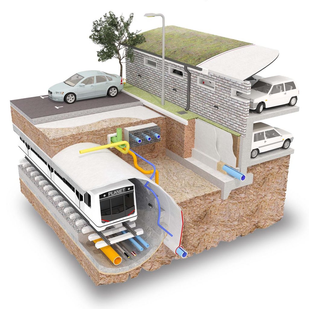 illustration of a Civil Engineering Architectural Cutaway Scene to show underground work and construction. Technical illustration.