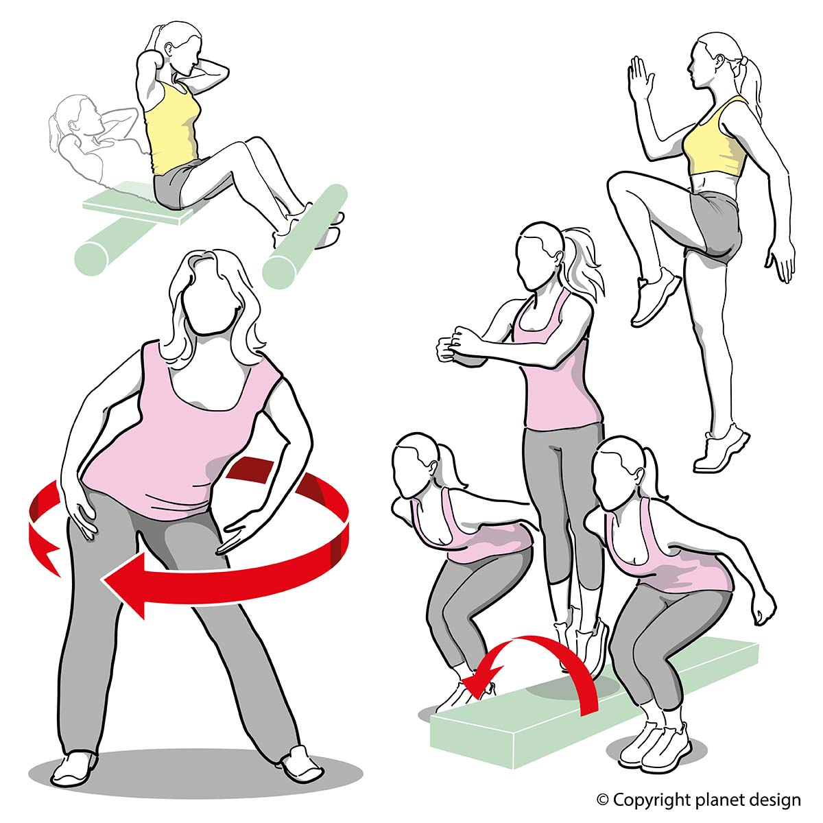 Exercise illustrations, graphic artist, graphic illustration, workout drawings