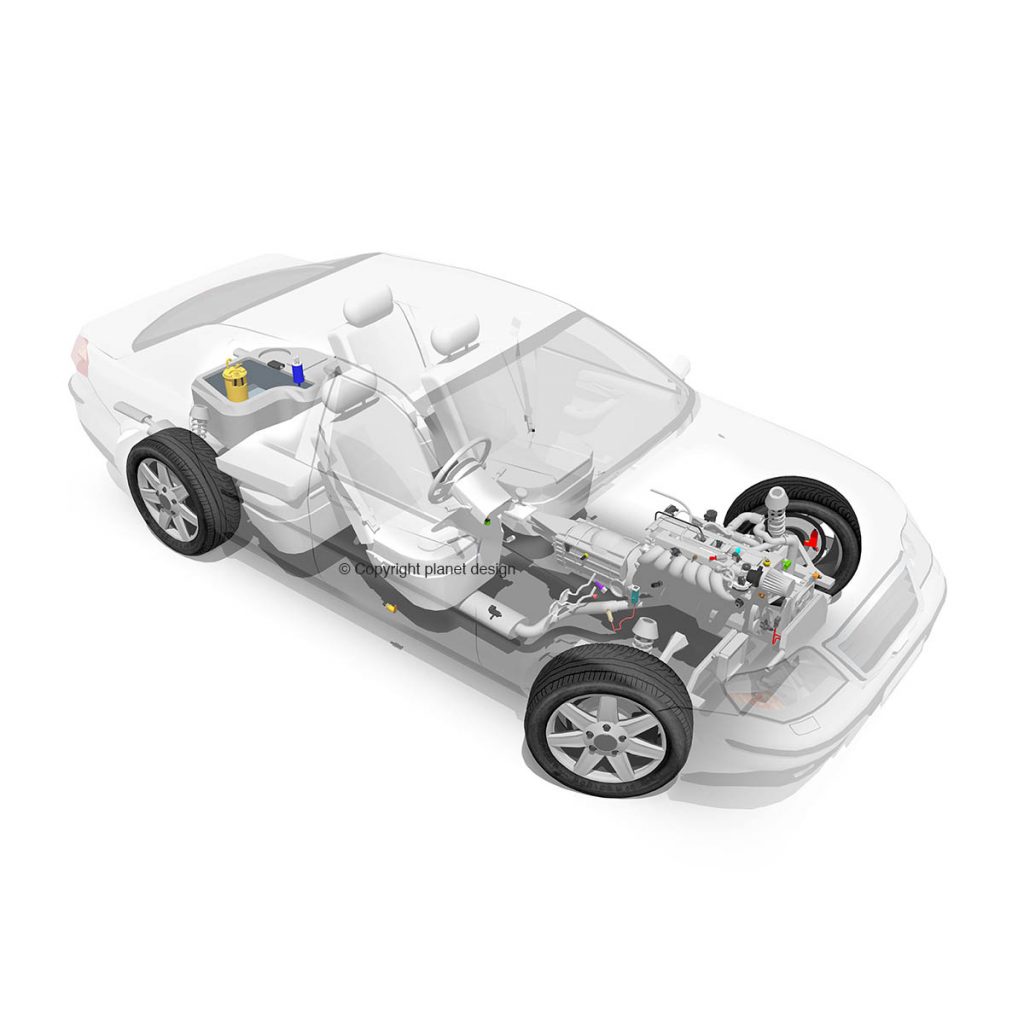 Ghosted illustration of a car technical illustration, graphic illustration, complex drawing.