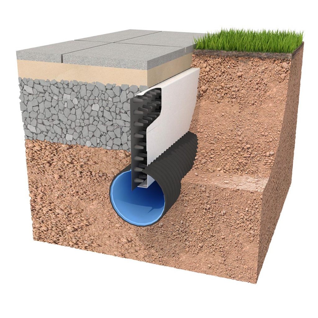 technical illustration illustration of a drain for engineering underground works. Graphic illustration, technical illustration. Cutaway illustration showing drain and use of geotextiles.