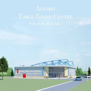 Artist impression of a building for a Table Tennis Club. Graphic artist architectural visual rendition.