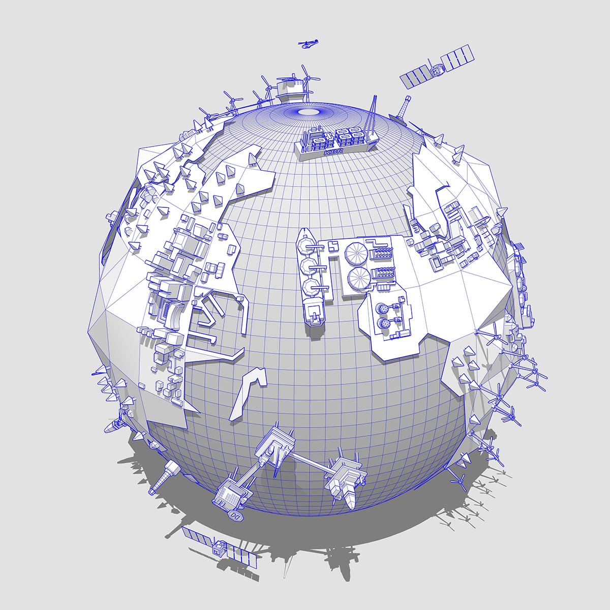Wireframe illustration globe KBR. Technical graphics, and technical illustration of a wireframe globe.