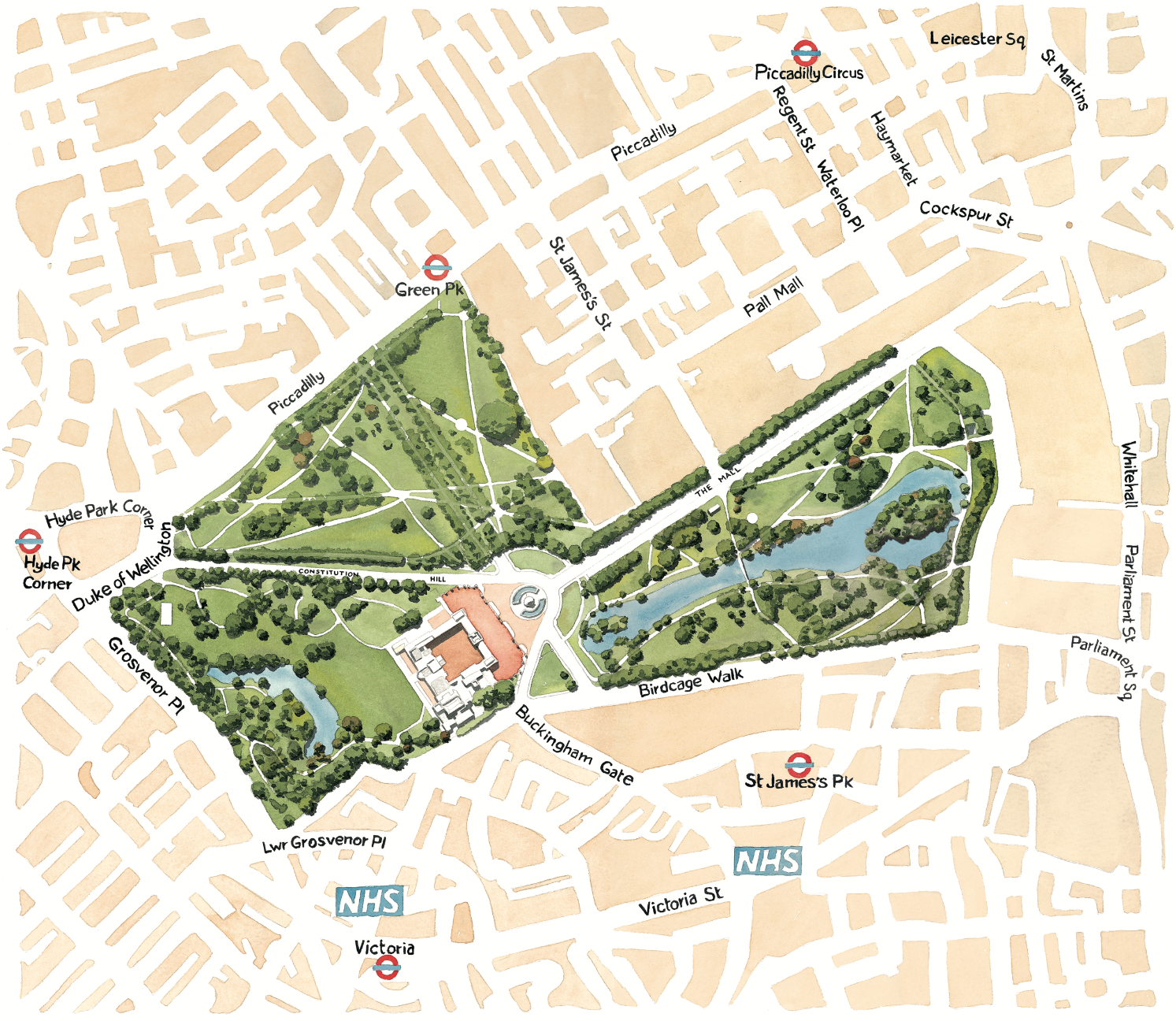 Map of St James' Park London. Architectural maps in 2d and 3d