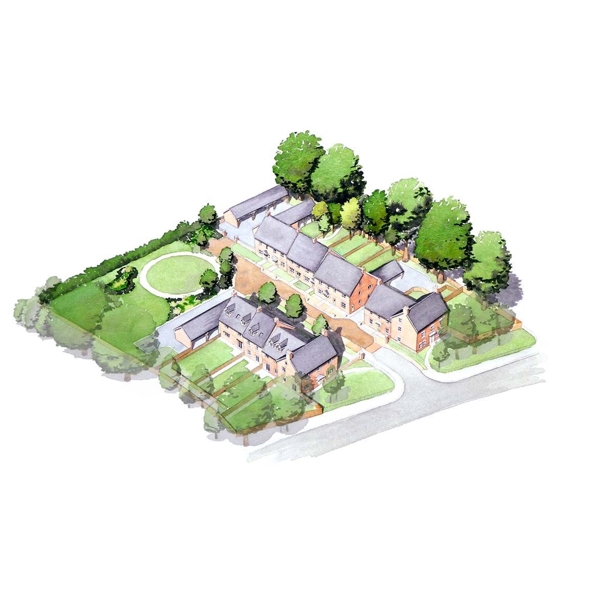 Artist impression of a site plan in watercolour site development. illustration of a housing site artist impression in watercolour