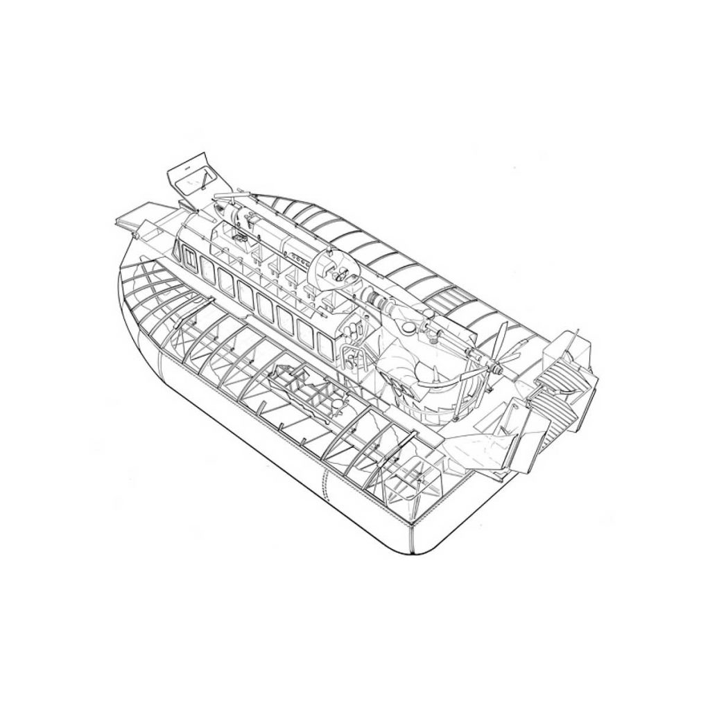 technical illustration showing cutaway and ghosting. illustration of a hovercraft in a technical illustration style
