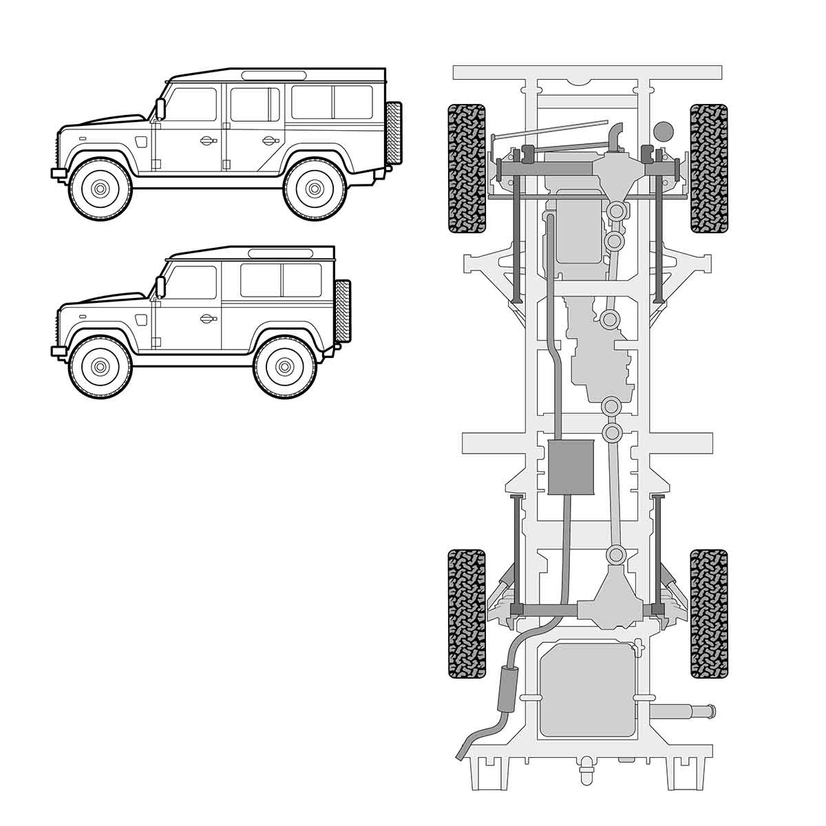 Technical plan graphics illustration of a Land Rover underneath