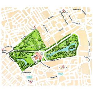 Plan view of St James' Park in London. illustration map of St James’s Park London