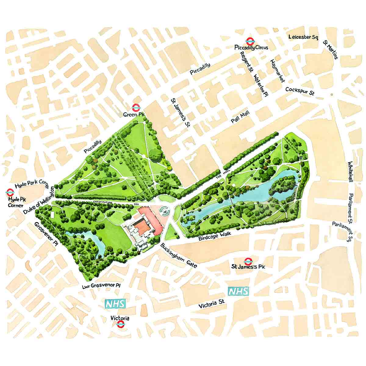 Plan view of St James' Park in London. illustration map of St James’s Park London