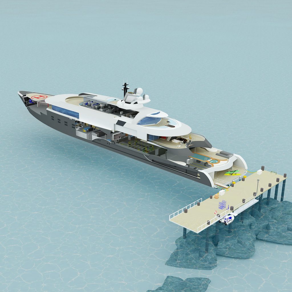 Super yacht cutaway and ghosted view illustration and 3d model