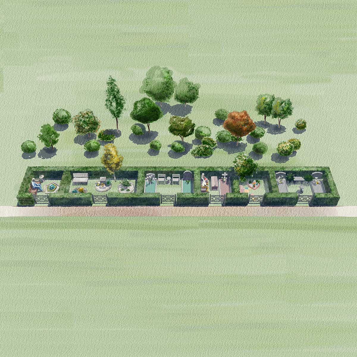 Watercolour artist impression of family plots plan view.